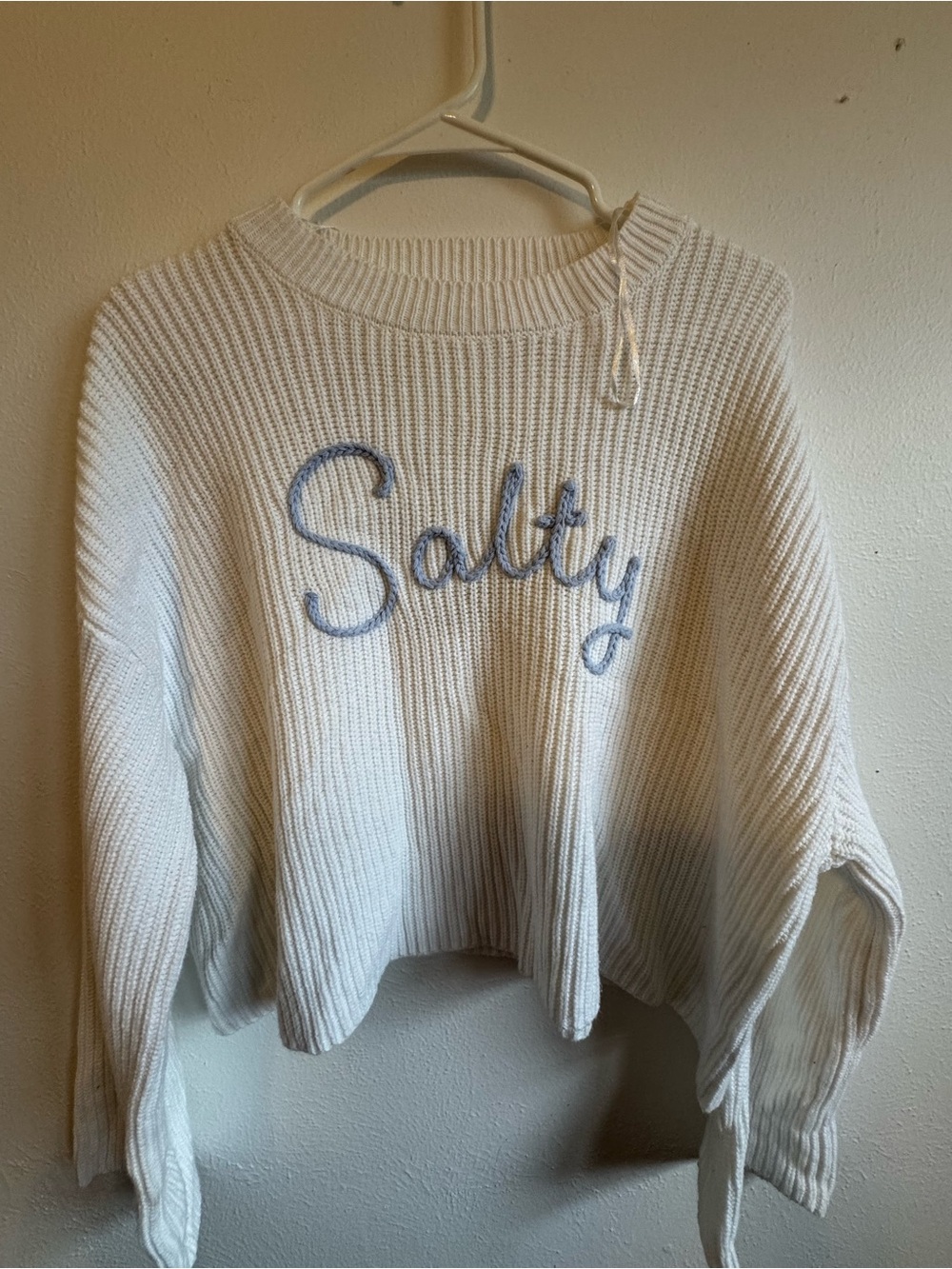 moon & madison Cream Crewneck Sweater with Blue 'Salty' Script